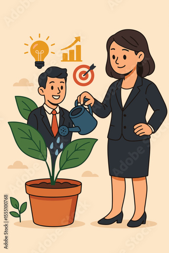 HR Manager Mentoring Employee Growth and Development, Businesswoman Watering Plant Metaphor, Nurturing Talent, Career Success, Leadership Coaching, Professional Training, Goal Achievement Vector