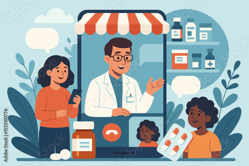 Online pharmacy consultation with pharmacist on mobile app. Telemedicine healthcare service, digital prescription, medication delivery, family patient communication, pharmaceutical vector illustration