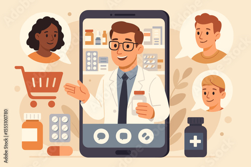 Online pharmacy consultation with pharmacist via mobile app. Telemedicine service, digital prescription, medicine delivery, patient communication, virtual healthcare, medication advice concept