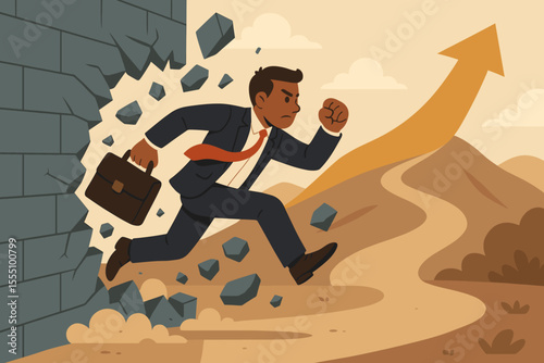Determined business professional breaking through barriers, overcoming obstacles on path to success, motivation, leadership, ambition, growth, upward arrow, achievement, vector illustration