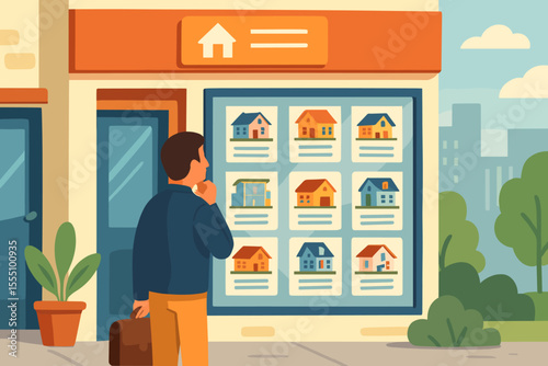 Real estate agency exterior with thoughtful man browsing property listings display, searching for home to buy or rent, urban city street, modern housing market, cartoon vector illustration