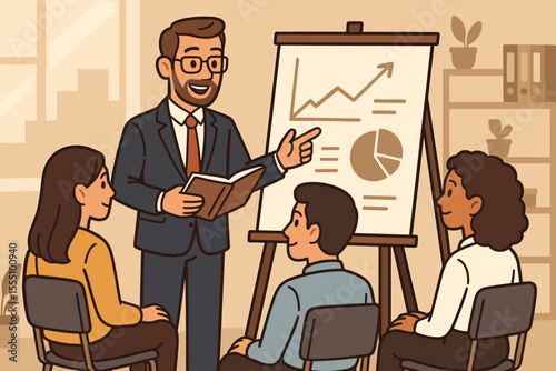 Business coach leading corporate training session with employees, presenting growth chart and pie graph, teamwork, professional development, skill improvement, office meeting, vector illustration