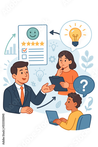 Customer Feedback and Suggestions Concept. Business Team Collecting Insights, Analyzing Reviews, Generating Ideas, Improving Service. Survey, Rating, Brainstorming, Communication, Vector Illustration