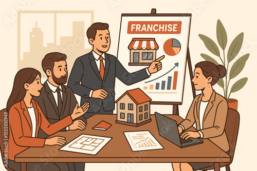 Real estate franchise team planning business strategy, commercial property sales, investment meeting, office collaboration, growth chart, teamwork, architecture, investment concept illustration