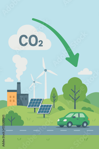 Renewable Energy and Electric Car Reducing CO2 Emissions Vector. Eco Friendly Transportation, Solar Panels, Wind Turbines, Factory Pollution, Climate Change, Sustainable Green Technology Landscape