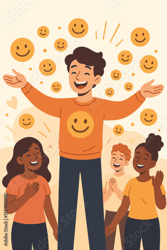Positive mindset illustration, happy teacher leader inspiring diverse children. Smiling faces, emotional support, group motivation, mental health, optimism, teamwork, encouragement, flat vector