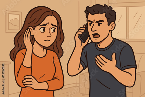 Concerned Woman Overhearing Partner’s Suspicious Phone Call. Relationship Problems. Emotional Couple Communication Issues. Trust, Jealousy, Infidelity Concept. Vector Cartoon Illustration