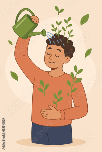 Self-care growth concept. Person watering own head with can. Metaphor for personal development, positive mindset, mental health, self-love, nurturing, mindfulness. Vector cartoon illustration