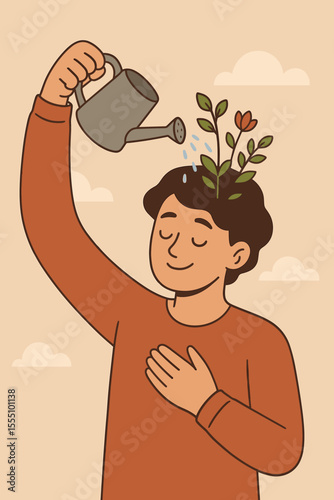 Self Care Growth Concept. Person Watering Own Head with Watering Can. Mental Health, Mindfulness, Personal Development, Positive Psychology, Nurturing, Self Improvement Vector Illustration