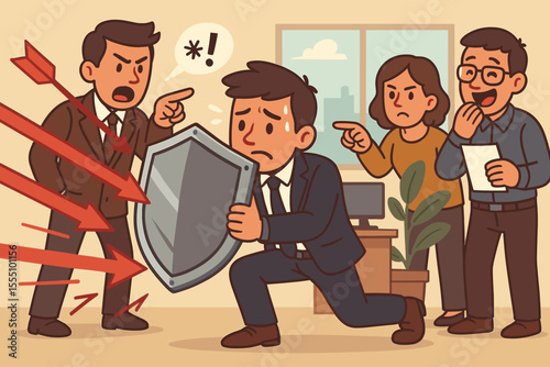 Businessman Defending Against Workplace Bullying and Criticism with Shield. Office Conflict, Negative Feedback, Stress Management, Employee Protection, Vector Cartoon Illustration, Team Disagreement