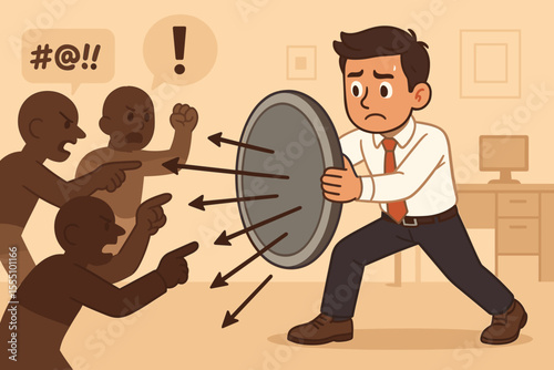 Businessman Defending Against Workplace Bullying and Criticism. Office Conflict, Negative Feedback, Stress Management, Emotional Resilience, Angry Colleagues, Shield Protection Concept Vector