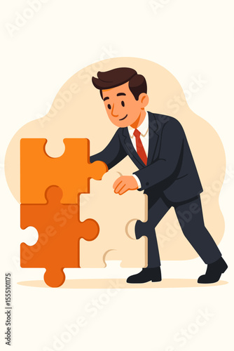Businessman Solving Puzzle Pieces Concept. Teamwork, Problem Solving, Strategy, Leadership, Success, Innovation, Solution Finding, Collaboration, Corporate Challenge, Vector Illustration