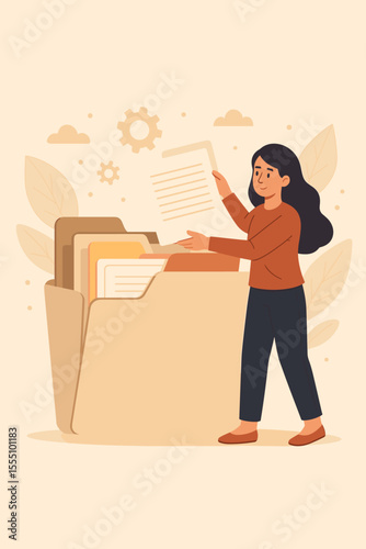 Businesswoman organizing documents in large file folder. Office paperwork management, document storage, data organization, workflow process, digital archive, corporate administration concept
