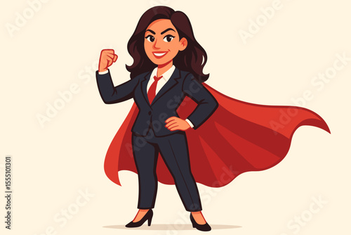 Confident businesswoman superhero in suit and red cape, powerful female leader, empowerment, strength, success, motivation, career woman, vector cartoon illustration, professional woman concept