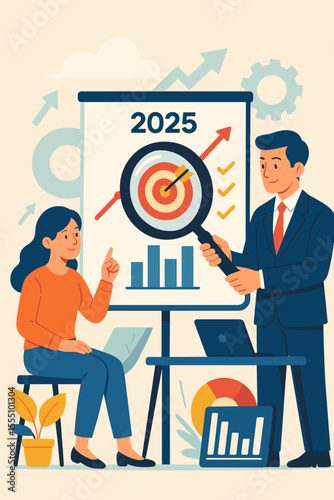 Business strategy planning 2025, goal setting, target analysis, teamwork, data presentation, growth chart, magnifying glass, business meeting, office collaboration, success concept illustration