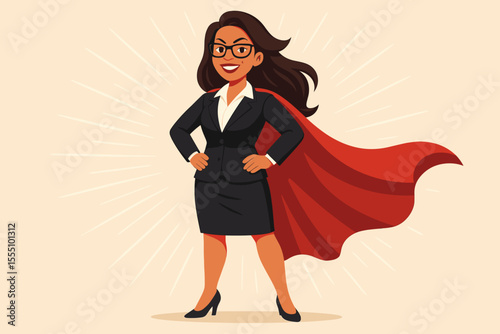 Confident businesswoman superhero in suit with red cape. Powerful female leader, empowerment, success, motivation. Strong woman in leadership, cartoon vector illustration, corporate hero concept