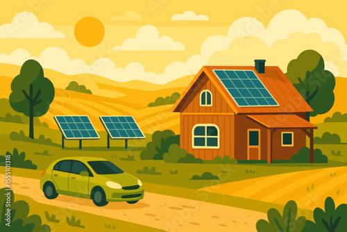 Eco Friendly Rural Farmhouse with Solar Panels and Electric Car in Countryside Landscape. Sustainable Energy, Green Technology, Renewable Power, Modern Agriculture, Clean Environment Concept Vector