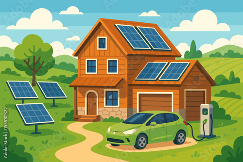 Eco Friendly Farmhouse with Solar Panels, Electric Car Charging Station, Renewable Energy, Sustainable Rural Home, Green Technology, Clean Power, Countryside Landscape Vector Illustration