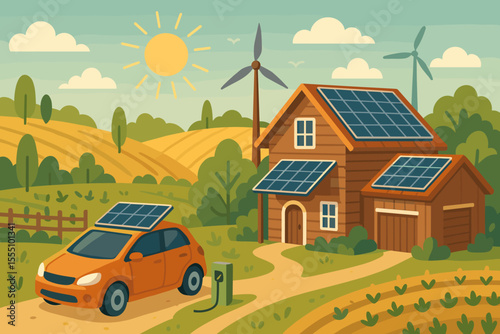 Eco Friendly Rural House and Electric Car with Solar Panels and Wind Turbines. Sustainable Energy Farm Landscape. Renewable Power Generation. Green Technology Vector Cartoon Illustration