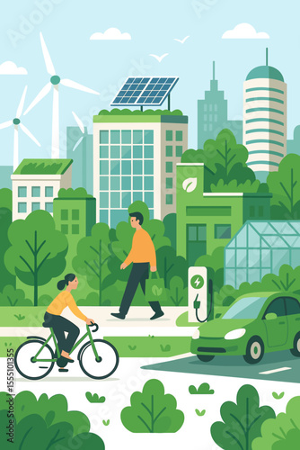 Eco-Friendly Urban Cityscape with Green Buildings, Renewable Energy, Electric Car Charging, Cycling, Walking, Sustainable Transportation, Clean Environment, Modern Green Living Illustration