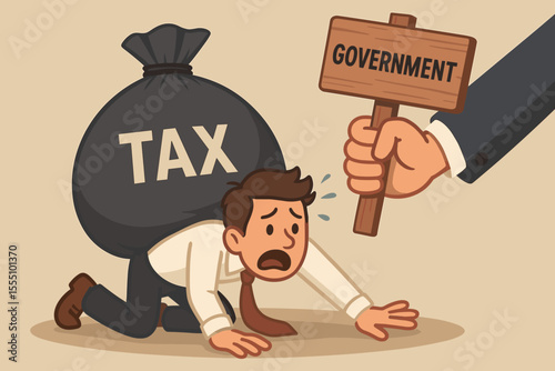 Overwhelmed taxpayer carrying heavy tax burden under government pressure. Financial stress, debt, taxation, economic hardship, business struggle, cartoon vector illustration concept