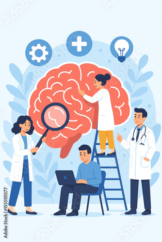 Medical Team Analyzing Brain Health, Cognitive Function, Mental Process, Neurology Research, Healthcare Collaboration, Neuroscience, Diagnosis, Brainstorming, Vector Illustration