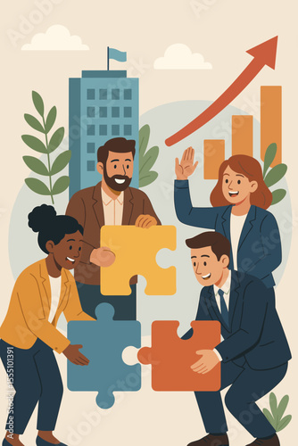 Diverse business team collaboration, teamwork assembling puzzle pieces, corporate partnership, company growth, successful strategy, office building, upward graph, vector illustration concept