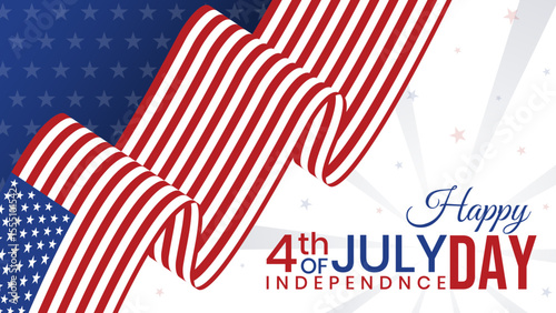 Happy 4th of July banner. American Independence day background with USA flag ribbon and stars.