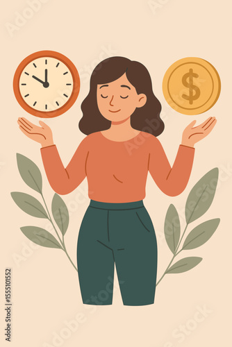 Woman balancing time and money vector illustration. Work life balance, financial management, decision making, productivity, career choices, personal finance, time management concept art