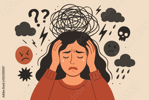 Stressed woman overwhelmed by negative emotions, anxiety, mental health crisis, depression, confusion, sadness, stormy thoughts, cartoon vector illustration, psychological distress concept