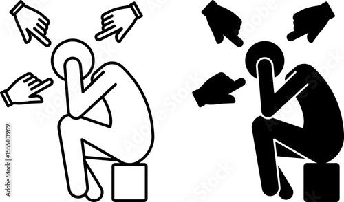 Complexes Icons. Black and White Vector Illustrations. Insecurity Imposed By Society. Upset Man Sitting With Head In Hands. Human Fingers Pointing At Anxious Man. Concept Psychology