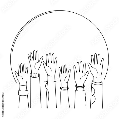 Group of diverse hands raised in a circle isolated on transparent background