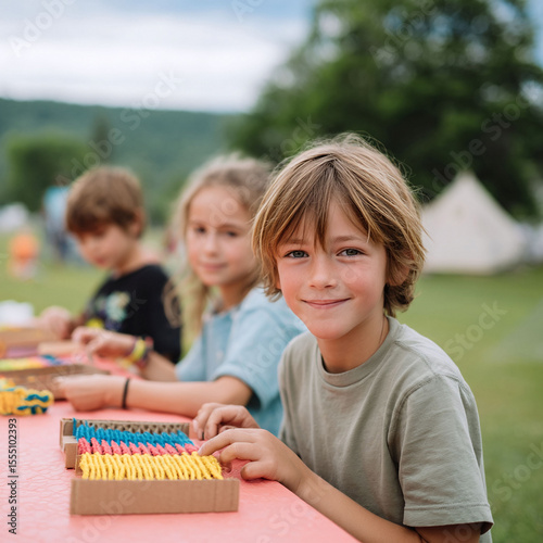 Focused kids crafting colorful art projects outdoors. Summer camp vibes. Education, childhood, creativity, teamwork. Great for school, family, lifestyle content.