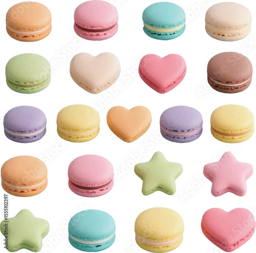 colorful macaroons isolated on white Assortment of Colorful Macarons and Heart-Shaped Cookies
