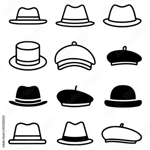 A collection of hat and headwear icons in a flat and minimalist style, suitable for various digital designs, apps, websites or printed materials.