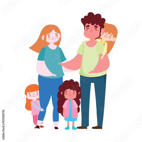 Set of happy traditional heterosexual families with children. Smiling mother, father and kids. Cute cartoon characters isolated on white background. Colorful vector illustration in flat style.