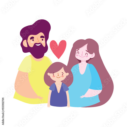 Set of happy traditional heterosexual families with children. Smiling mother, father and kids. Cute cartoon characters isolated on white background. Colorful vector illustration in flat style. 