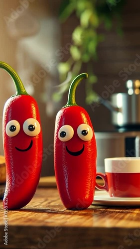 Red chili peppers with happy faces beside a cup in a cozy kitchen setting