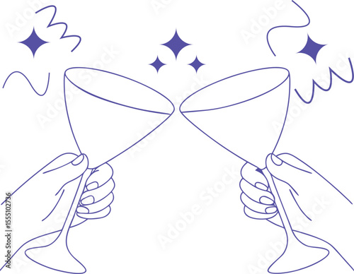 Cheers celebration line art with two hands clinking champagne glasses, fireworks, and streamers, perfect for party invitations, festive announcements, New Year designs, or joyful occasions.	