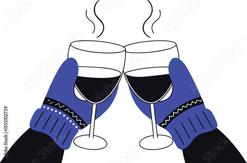 Cheers celebration line art with two hands clinking champagne glasses, fireworks, and streamers, perfect for party invitations, festive announcements, New Year designs, or joyful occasions.	