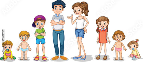 Set of happy traditional heterosexual families with children. Smiling mother, father and kids. Cute cartoon characters isolated on white background. Colorful vector illustration in flat style.