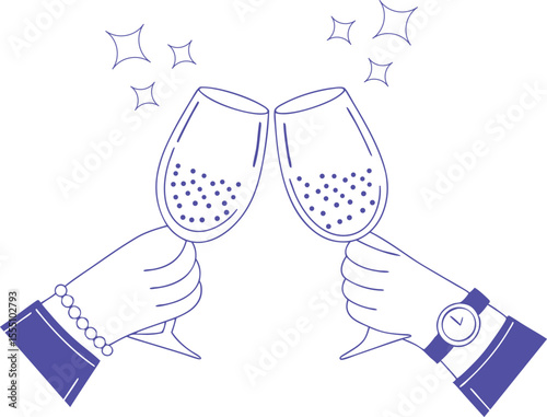 Cheers celebration line art with two hands clinking champagne glasses, fireworks, and streamers, perfect for party invitations, festive announcements, New Year designs, or joyful occasions.	