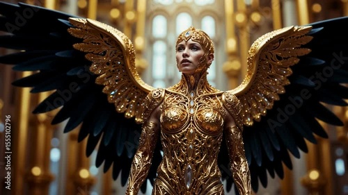 Magnificent and majestic golden angel, mythical angel, gilded angel, heavenly messenger.