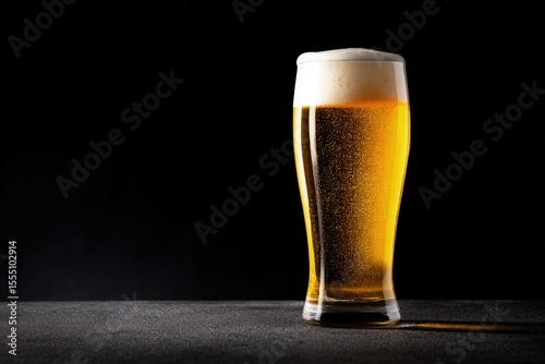 Tall chilled glass of golden beer with foamy head and rising bubbles on a dark background, perfect for bar promotions, beverage ads, and party-themed designs