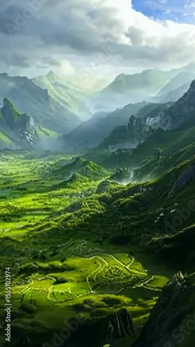 Majestic mountains and lush valleys create a breathtaking landscape at dawn in a serene nature setting