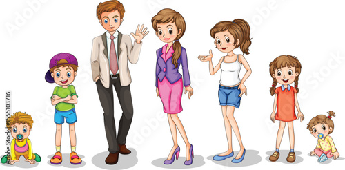 Set of happy traditional heterosexual families with children. Smiling mother, father and kids. Cute cartoon characters isolated on white background. Colorful vector illustration in flat style. 