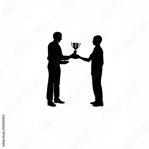 Silhouette of a manager showing appreciation by giving an employee a trophy on white background