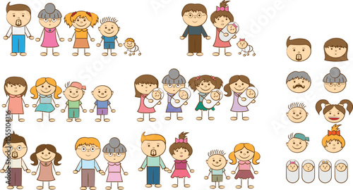 Set of happy traditional heterosexual families with children. Smiling mother, father and kids. Cute cartoon characters isolated on white background. Colorful vector illustration in flat style.