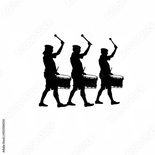 Silhouette of a percussionist playing traditional drums in a parade on white background