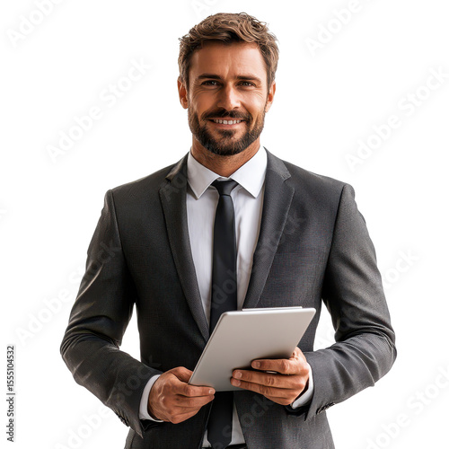 Portrait of a Confident businessman in suit holding tablet, isolated on transparent background